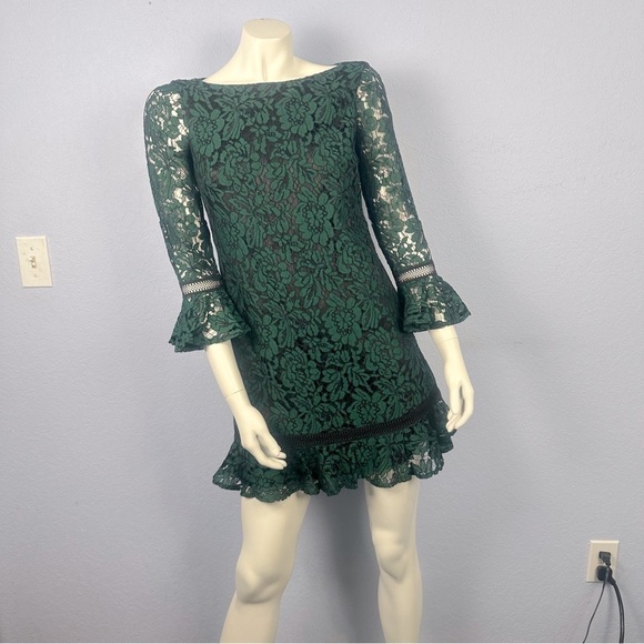 Eliza J  Lace Hunter Green 3/4 Bell Sleeves Lined Ruffle Mini Dress - Picture 1 of 6